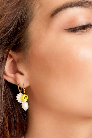 Earrings smiley &amp; pearl Gold Color Stainless Steel h5 Picture2